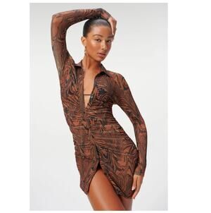 Good American Mini Dress In Chai Swirl Brown Shirtdress Women's Size M 2
